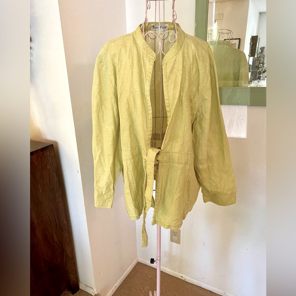 EUC Linen Tie Front Vintage 3/4 Length Sleeve Cardigan Top Overshirt Lightweight